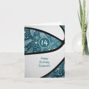 Carte doodle plumes turquoise basket-ball filles anniver