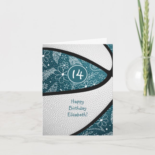 Carte doodle plumes turquoise basket-ball filles anniver (Devant)