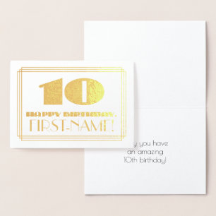 Carte Dorée 10e anniversaire ; nom + Art Déco Inspiré Look "10