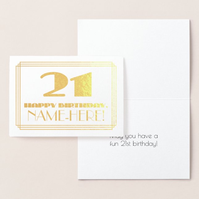 Carte Dorée 21e Anniversaire ; Nom + Style inspiré de l'Art Dé (Affichage)