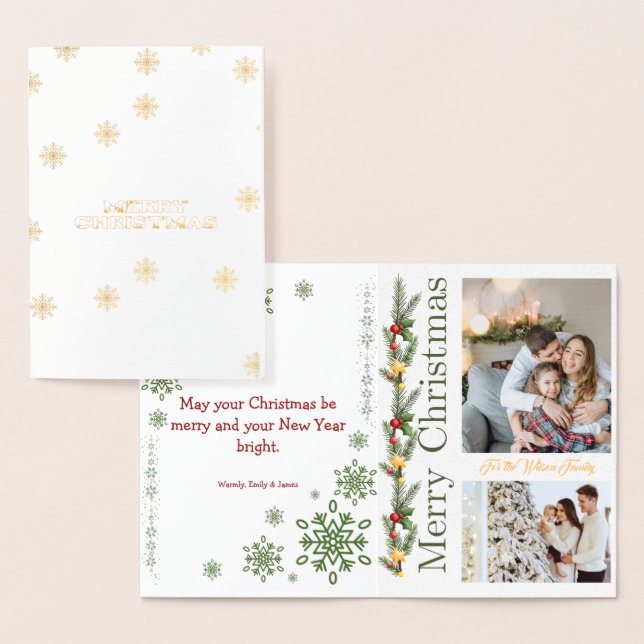 Carte Dorée 2 Photo Collage Merry Christmas Green Holiday Card (Affichage)