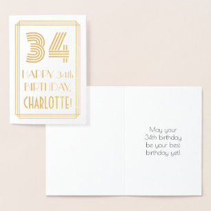 Carte Dorée 34e anniversaire - Art Déco Inspiré Look "34" & No