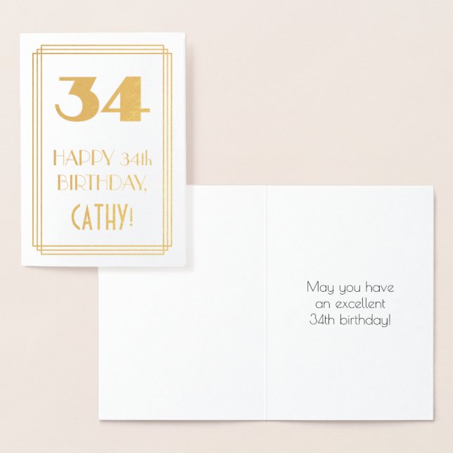 Carte Dorée 34e anniversaire : Art Déco Inspiré Look "34" & No (Affichage)