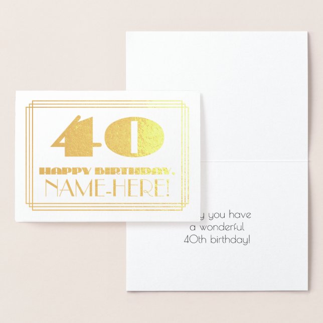 Carte Dorée 40e anniversaire ; nom + Art Déco Inspiré Look "40 (Affichage)