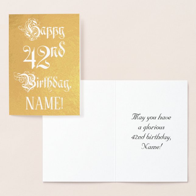 Carte Dorée 42e anniversaire : Élégant, Script Orné; Nom perso (Affichage)