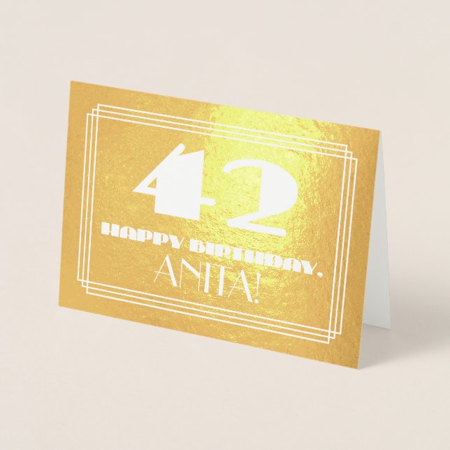 Carte Dorée 42e anniversaire : Nom + Art Déco Inspiré Look "42 (Devant)
