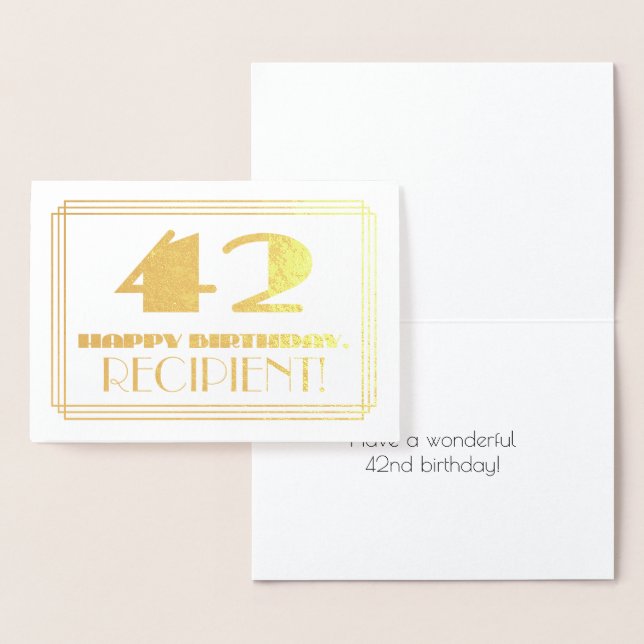 Carte Dorée 42e anniversaire ; nom + Art Déco Inspiré Look "42 (Affichage)