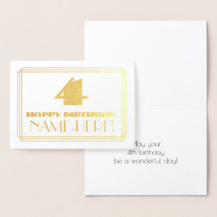 Carte Dorée 4ème anniversaire ; nom + Art Déco Inspiré Look "4