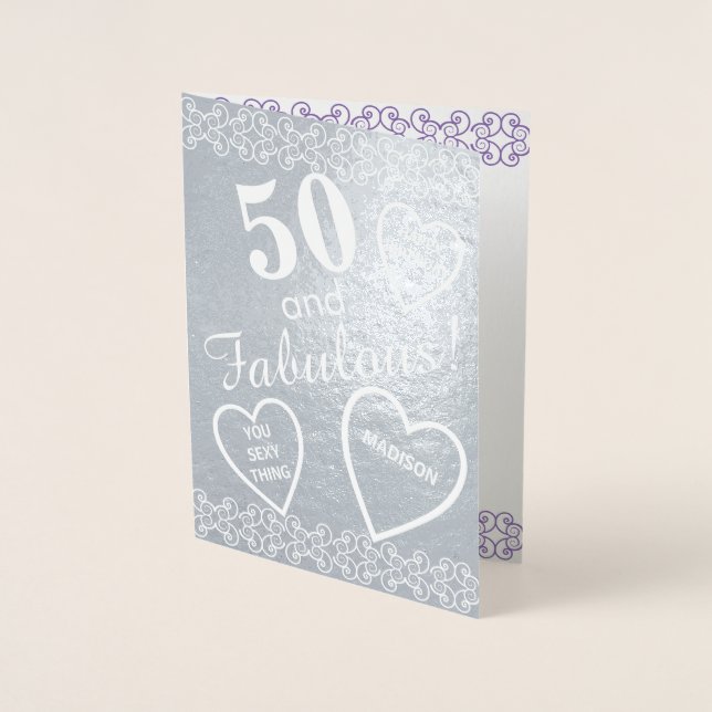 Carte Dorée 50 Et Fabuleux Coeur D'Anniversaire En Argent Pers (Devant)