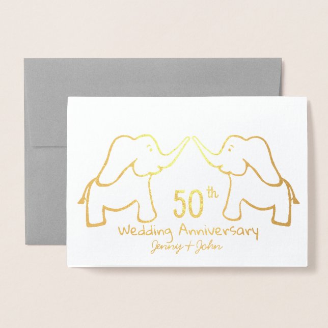 Carte Dorée 50ème ou tout éléphant du Mariage d'or (Devant avec enveloppe)