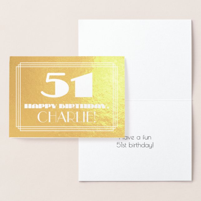 Carte Dorée 51e anniversaire : Nom + Art Déco Inspiré Look "51 (Affichage)