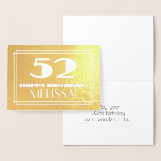 Carte Dorée 52e anniversaire : nom + look inspiré de l'Art déc (Affichage)