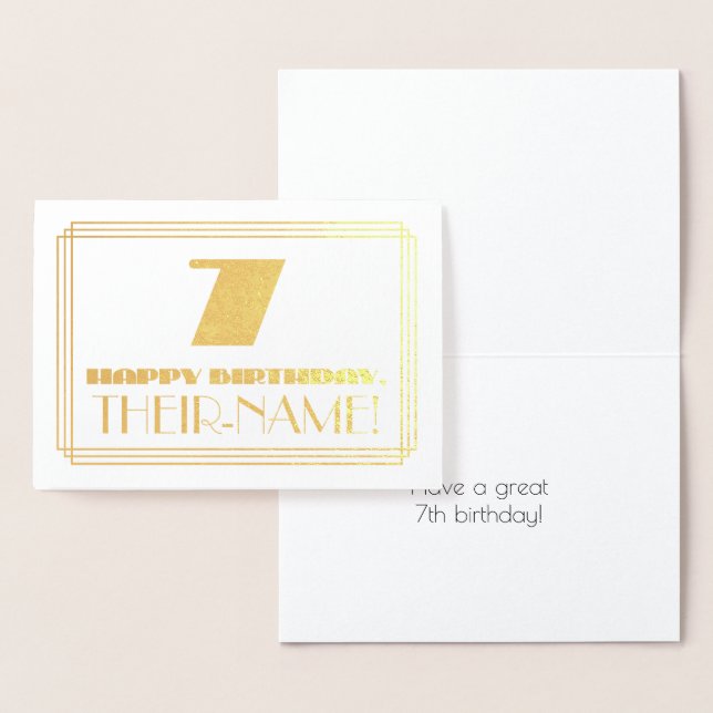 Carte Dorée 7e anniversaire ; nom + Art Déco Inspiré Look "7" (Affichage)
