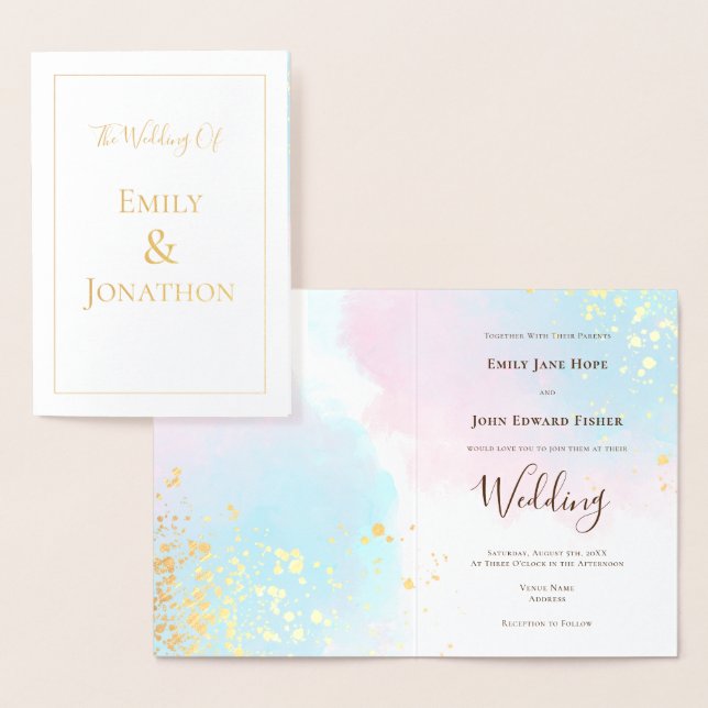 Carte Dorée Aquarelles Turquoises bleu rose Confetti Mariage o (Affichage)