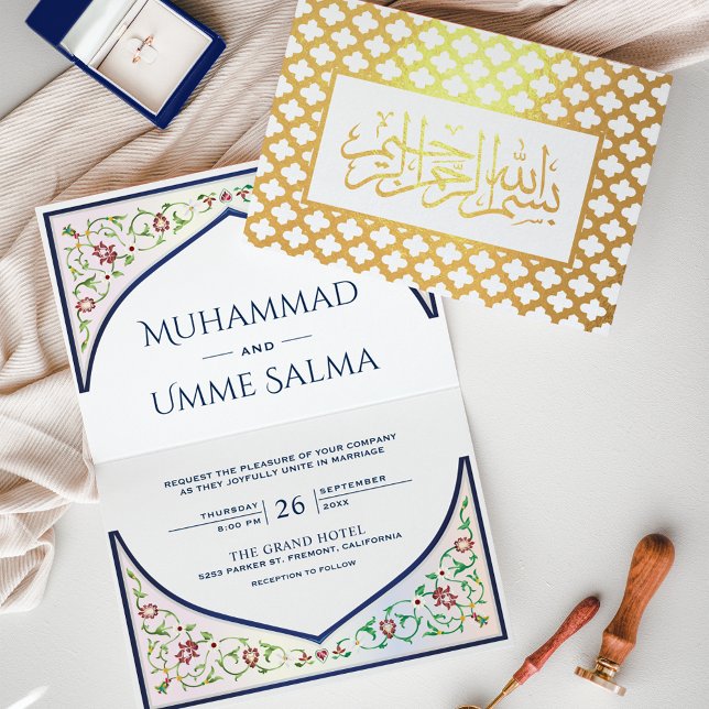 Carte Dorée Arc Persan Bleu Doré Mariage Islamique (Créateur téléchargé)