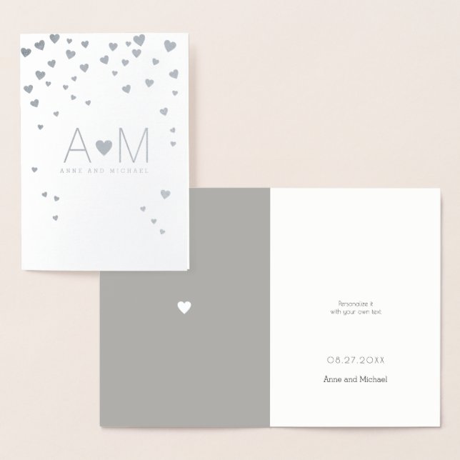 Carte Dorée Argent Coeurs Foil monogrammed mariage d'amour (Affichage)