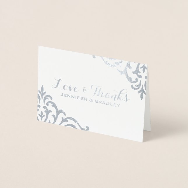 Carte Dorée Argent Foil Damask Élégant Merci de mariage (Devant)