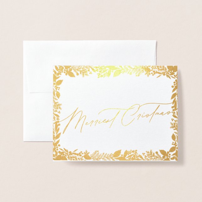 Carte Dorée baies festives traditionnel vert & rouge noël (Devant avec enveloppe)