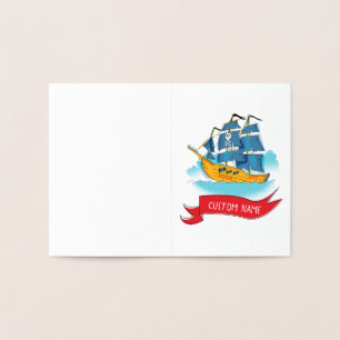 Carte Dorée Bateau pirate de dessin animé mignon Texte personn