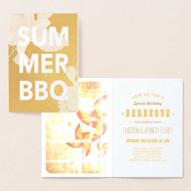Carte Dorée BBQ d'été en or floral (Affichage)