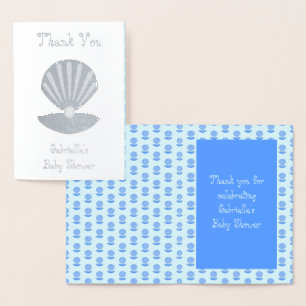 Carte Dorée Bébé garçon bleu Coquille d'huître et Baby Shower 
