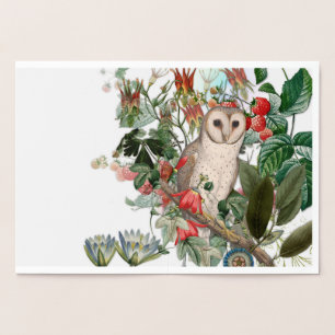 Carte Dorée Belle Chouette effraie et fleurs vintage