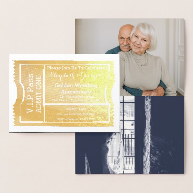 Carte Dorée Billet d'anniversaire du Mariage d'or VIP Pass (Affichage)