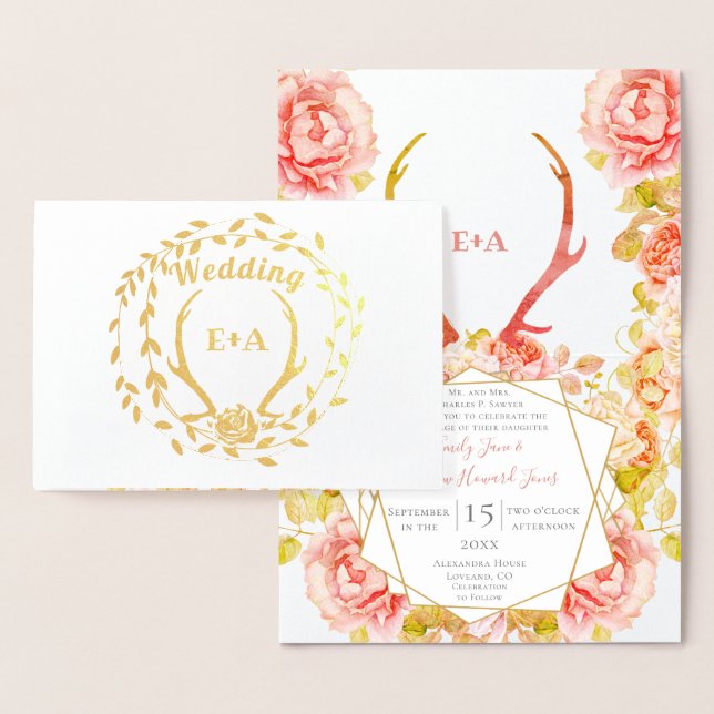 Carte Dorée Boho Rose Blush Rose Or Antler Mariage Real Gold (Affichage)