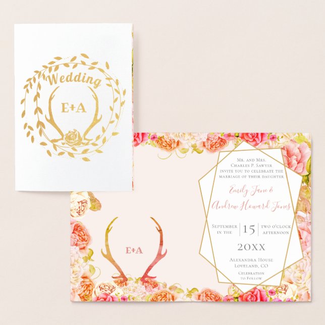 Carte Dorée Boho Rose Blush Rose Or Antler Mariage Real Gold (Affichage)