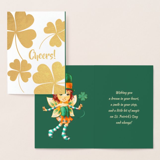 Carte Dorée Bonne Saint Patrick. Petite fille irlandaise fée (Affichage)