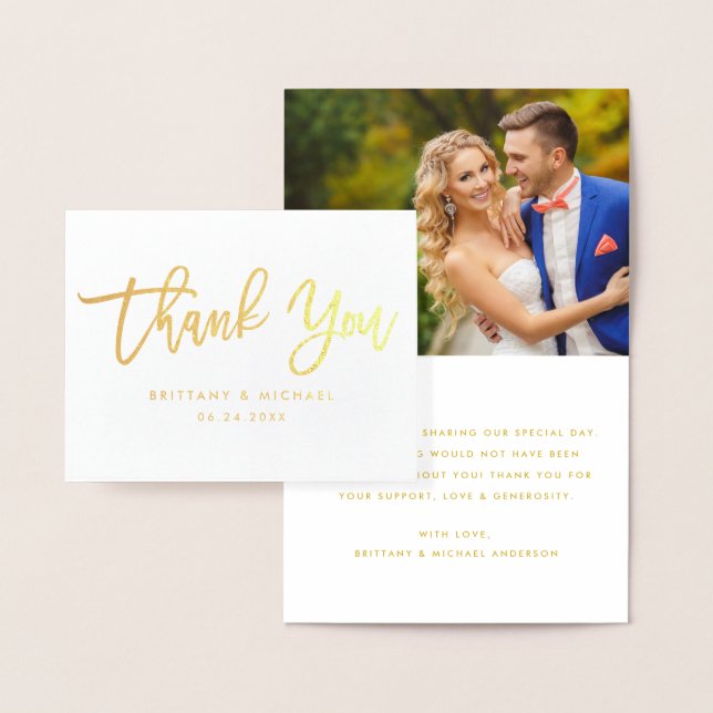 Carte Dorée Brush Script Merci photo Mariage Note Or (Affichage)