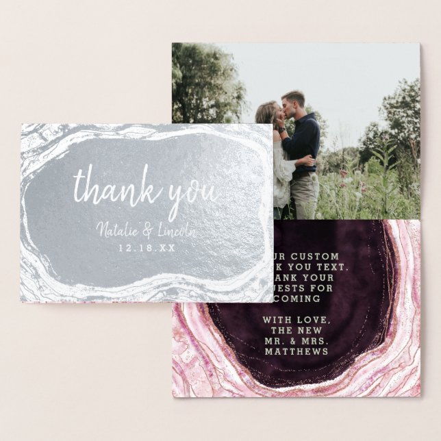 Carte Dorée Burgundy & Rose Gold Geode Merci Mariage Photo (Affichage)