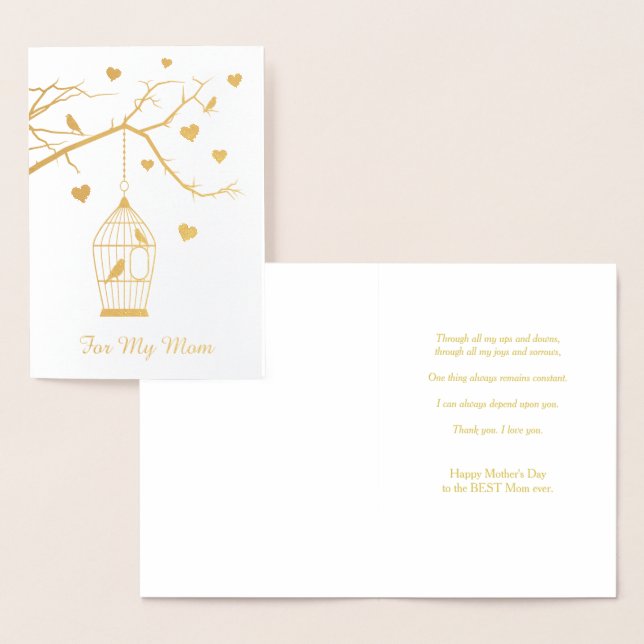 Carte Dorée Cage d'oiseaux et Coeurs Fête des mères (Affichage)