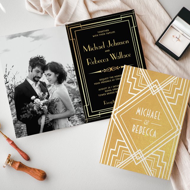 Carte Dorée Carton d'invitation de mariage Art déco à feuilles (Créateur téléchargé)