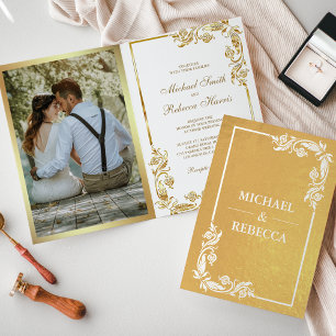 Carte Dorée Carton d'invitation de mariage blanc avec motif fl