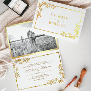 Carte Dorée Carton d'invitation de mariage blanc avec motif fl
