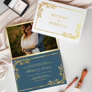 Carte Dorée Carton d'invitation de mariage photo florale en fe