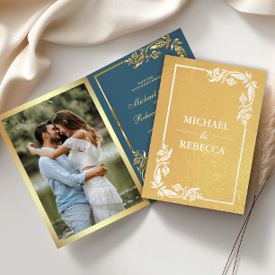 Carte Dorée Carton d'invitation de mariage photo florale en fe
