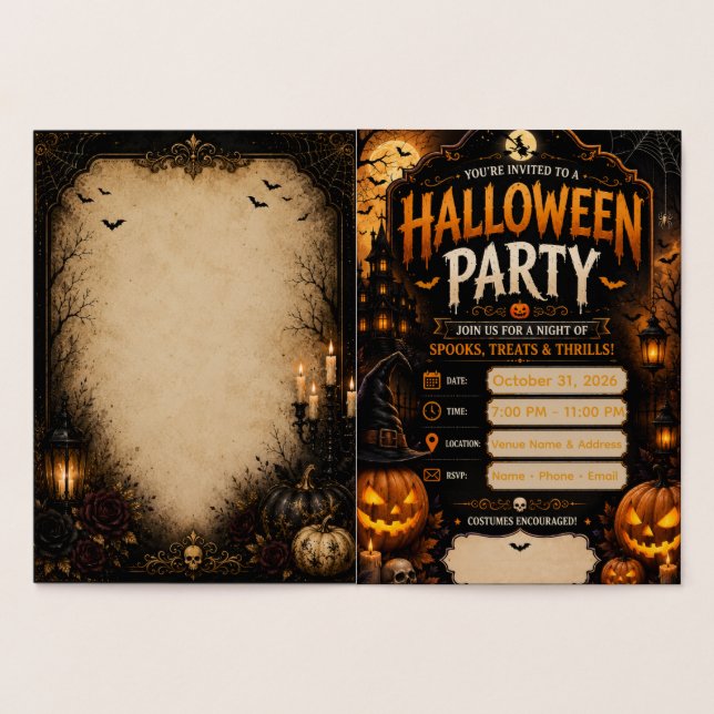Carte Dorée Carton d'invitation Halloween modifiable | Citroui (Intérieur)