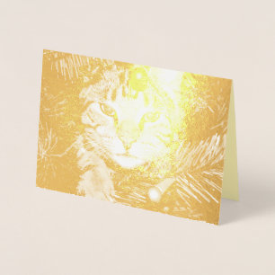 Carte Dorée Chat d'or en arbre amusant Purr-fect parfait Noël