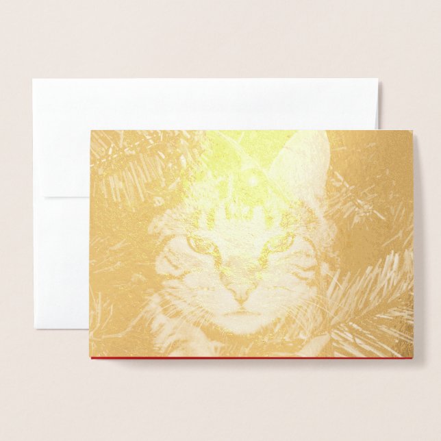 Carte Dorée Chat d'or en arbre amusant Purr-fect parfait Noël (Devant avec enveloppe)