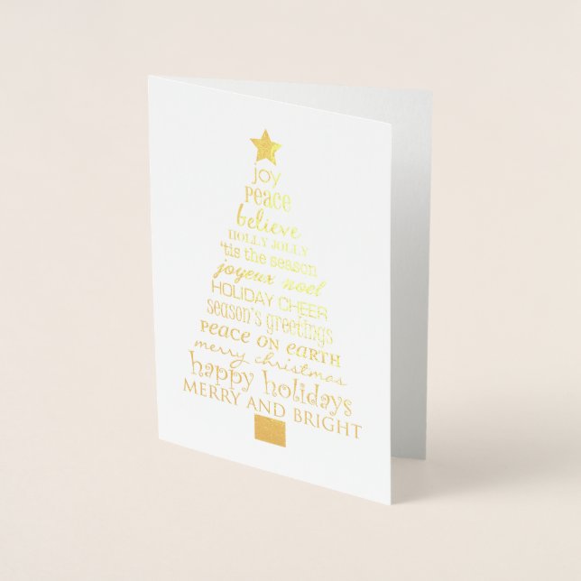 Carte Dorée Chic Joyeux Arbre de Noël Mots (Devant)