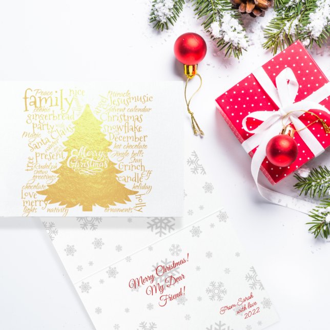 Carte Dorée Christmas tree with Christmas words Foil Card (Créateur téléchargé)