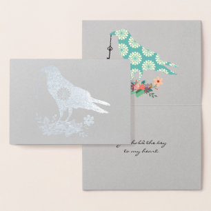 Carte Dorée Clé De Mon Coeur Bleu Floral Oiseau Texte Personna