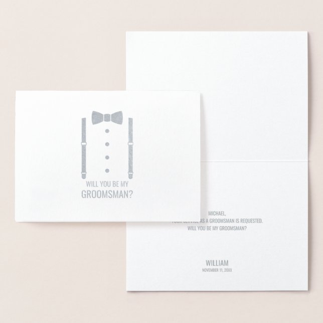 Carte Dorée Cravate Argent Bow sur la proposition de Groomsman (Affichage)
