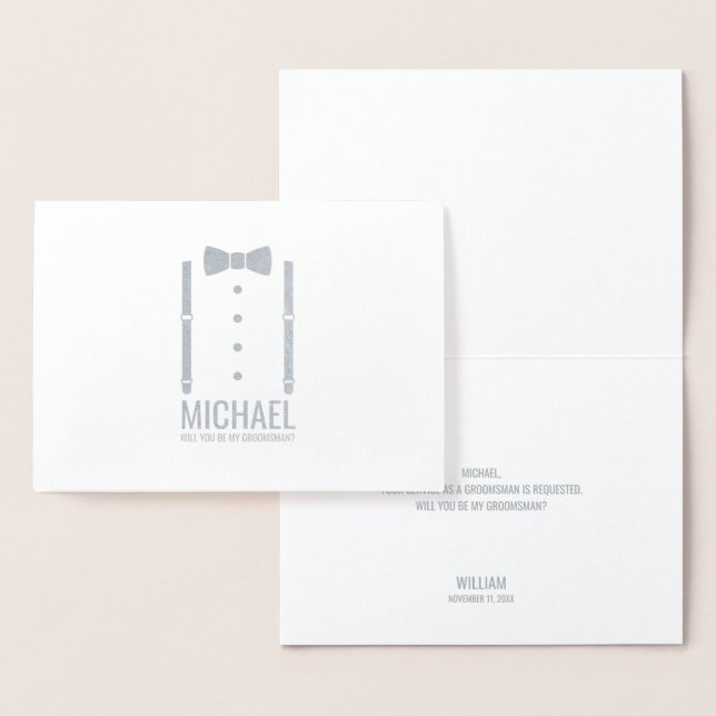 Carte Dorée Cravate Argent Bow sur la proposition de Groomsman (Affichage)