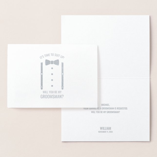 Carte Dorée Cravate Argent Bow sur la proposition de Groomsman (Affichage)