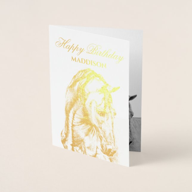 Carte Dorée Dessin de Cheval Joyeux anniversaire pour elle (Devant)