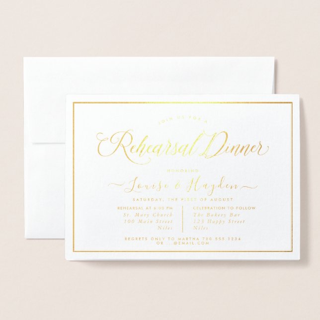 Carte Dorée Dîner de répétition élégant, Gold Foil (Devant avec enveloppe)