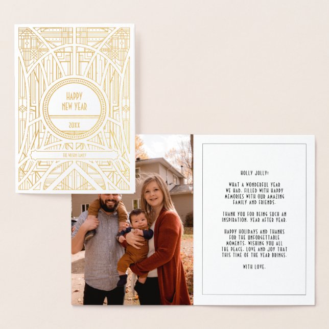 Carte Dorée Elégant art déco photo Joyeux Nouvel An (Affichage)